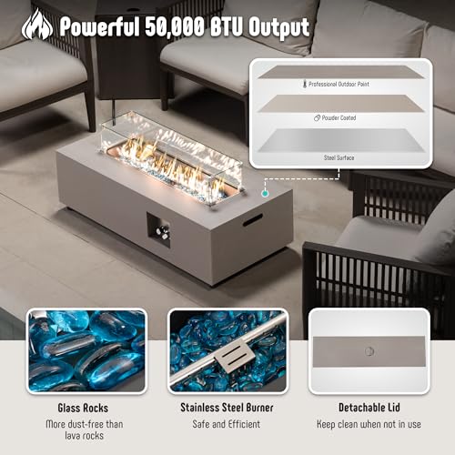42’’ Propane Fire Pit Table Set with Tank Holder, CSA Certifed 50,000 BTU Outdoor Firepit Table, Wind Guard & Glass Stones