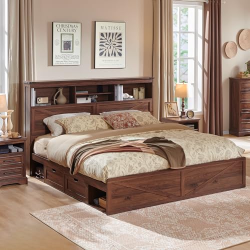Queen Size Wood Bed Frame Farmhouse with 52" Tall Storage Bookcase Headboard, LED Light,Charging Station,4 Drawers and Solid Wood Slats Support