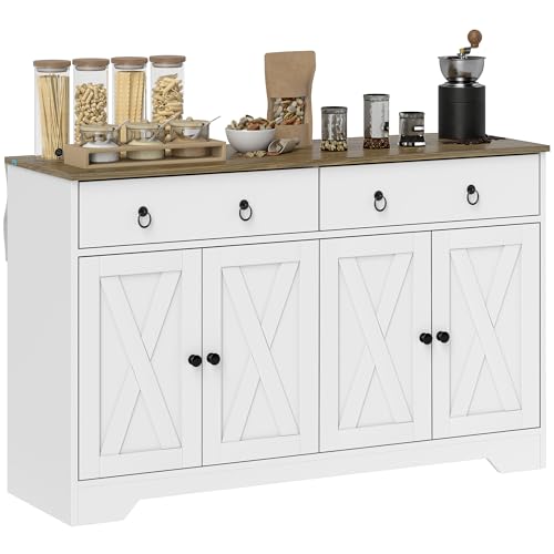 HOMCOM 48" Sideboard Buffet with Storage, Kitchen Storage Cabinet with 2 Drawers and 4 Barn Doors