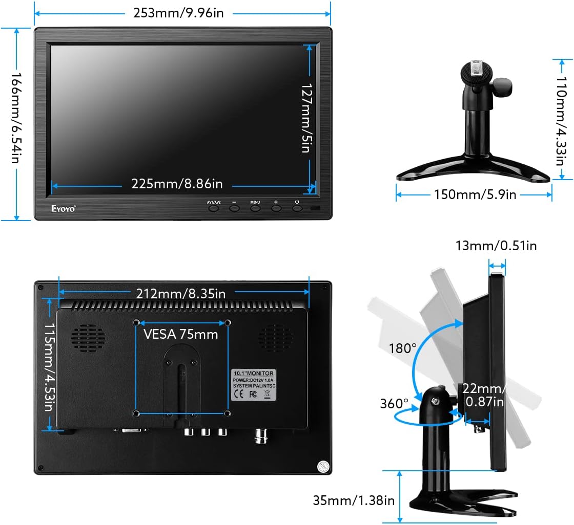 Eyoyo 10 Inch Monitor 1024x600 Small Display HD TFT LCD Display Screen Support AV VGA BNC HDMI Video Input for CCTV DVD PC DVR with Speakers and