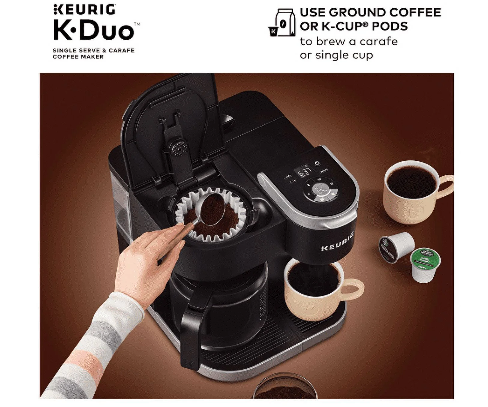 Keurig K-Duo Coffee Maker, Single Serve and 12-Cup Carafe Drip Coffee Brewer, Compatible with K-Cup Pods and Ground Coffee, Black