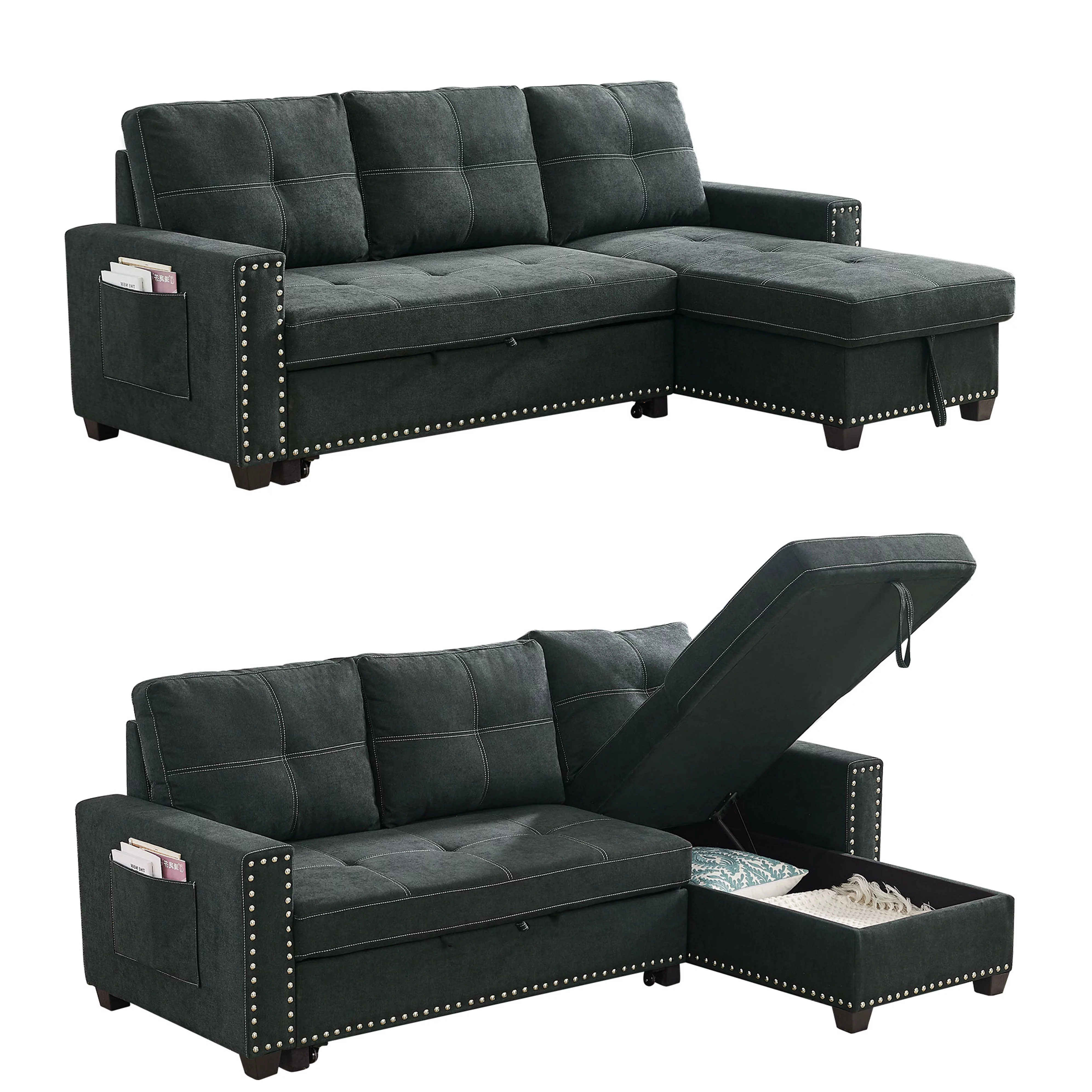 Muumblus 82" Sleeper Sofa Bed Reversible Sectional Couch with Storage Chaise, Modern Queen Size Convertible Pull Out Sofa Bed for Living Room