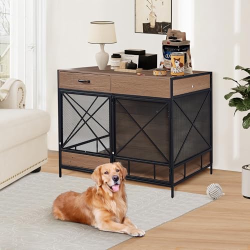 Aoowow Large Double Dog Crate Furniture 72.4" Indoor Dog Kennel with Sliding Barn Door and Divider