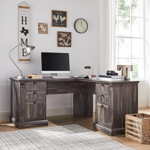 OKD 60" Executive Desk with Drawers, Farmhouse Home Office Desk with Charging Station, Keyboard Tray, File Cabinet Storage