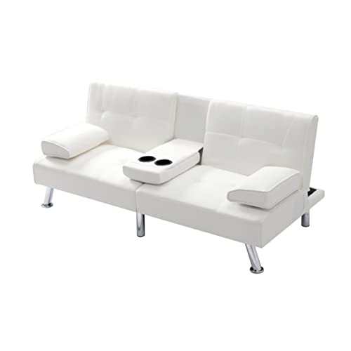 Synthetic Leather Cushion Modern Convertible futon, Adjustable Folding Sofa Bed, Guest Room Bed with Detachable armrests, Two Cup Holders