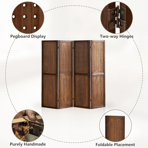 4 Panel Room Dividers and Folding Privacy Screens, 5.6Ft Wooden Pegboard Display, Privacy Dividers for Bedroom