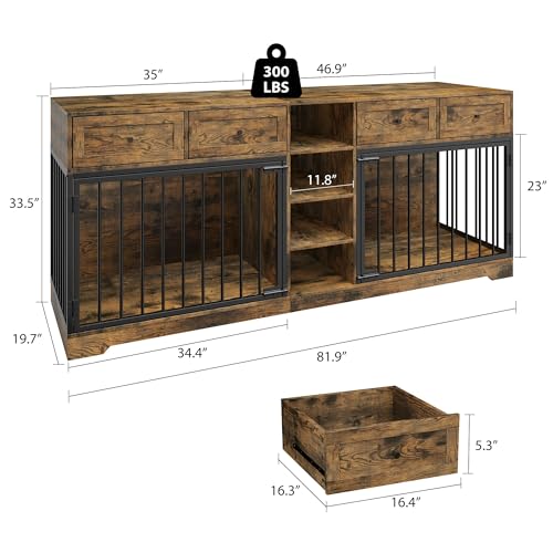 GarveeHome 82” Double Dog Crate Furniture, Large Dog Kennel Indoor for 2 Dogs, Heavy Duty Wooden Dog Crate TV Stand with 4 Drawers and Shelves, White