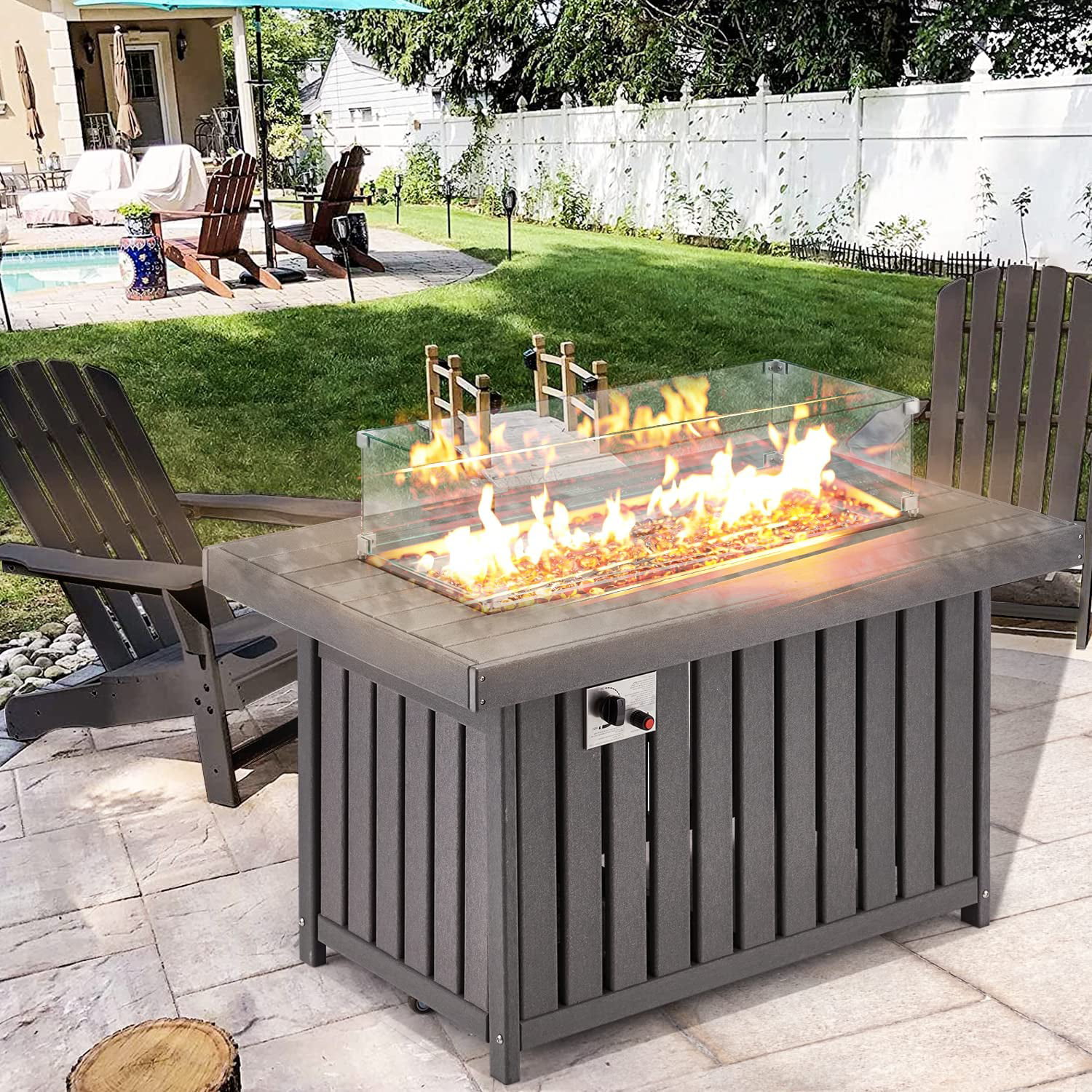 Erommy 43 Inch HDPE Propane Fire Pit Table, 50000 BTU Fire Pits with Lid and Fire Glass, for Deck, Outside Paito, CSA Certification, Gray