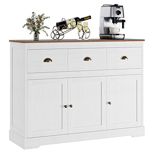 Keyluv White Buffet Cabinet Storage Sideboard Farmhouse Server Bar Wine Cabinet with 3 Drawers & 3 Doors Adjustable Shelves Console Table for Dining