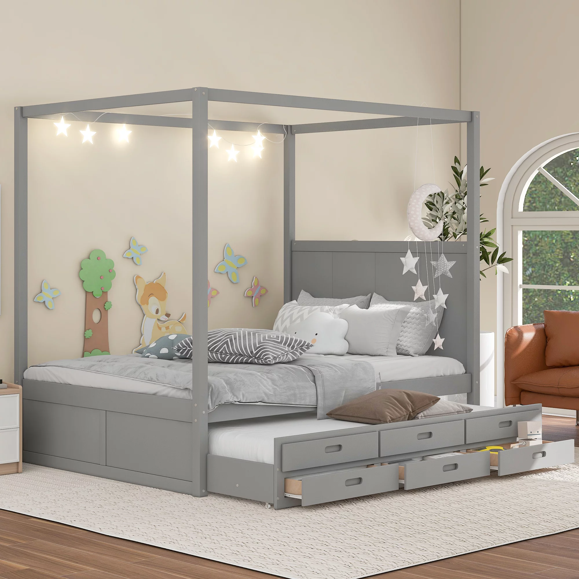 KOSBON Platform Bed with Trundle, Wooden Queen Platform Bed Frame with Twin Trundle and 3 Storage Drawers