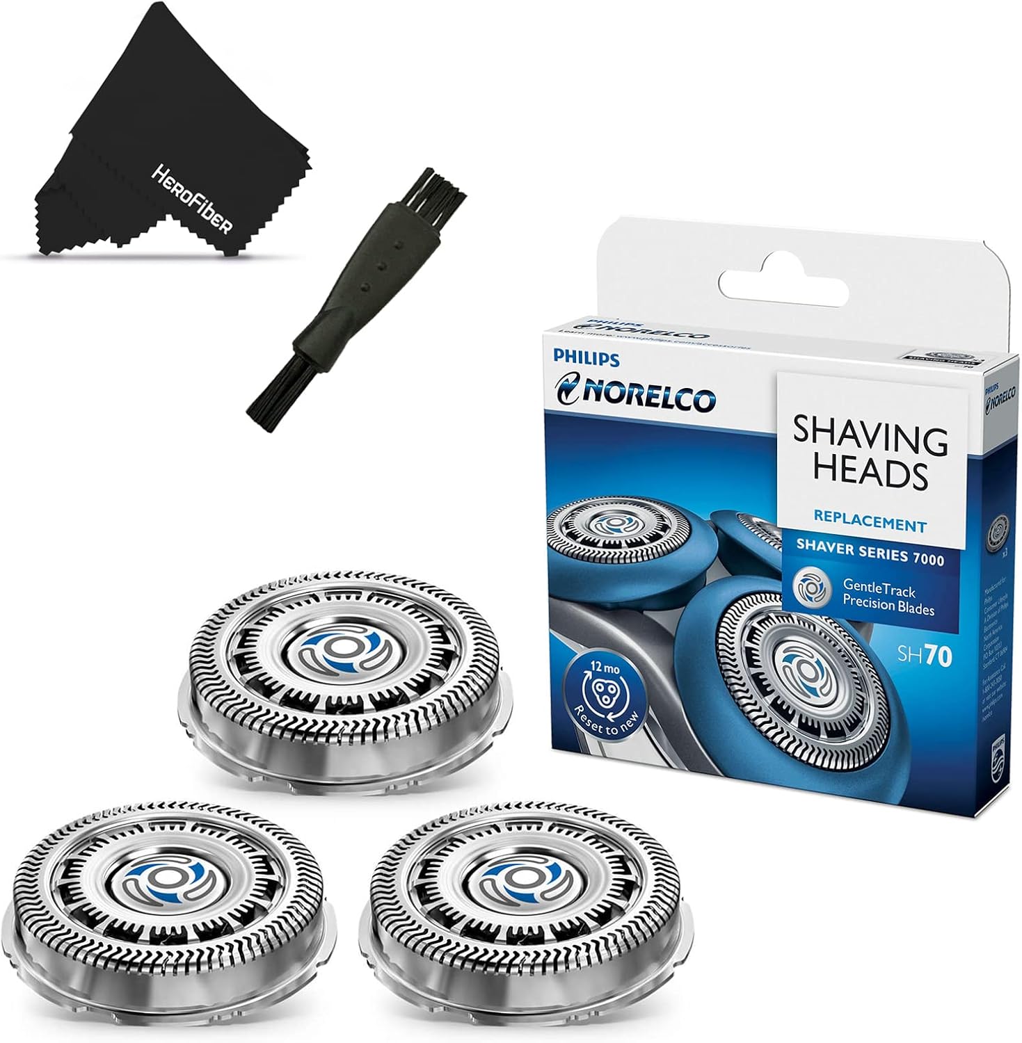 Phillips Norelco SH70/52 Replacement Head for Series 7000 Electric Shavers + Double Ended Shaver Brush + HeroFiber® Ultra Gentle Cleaning Cloth Pack