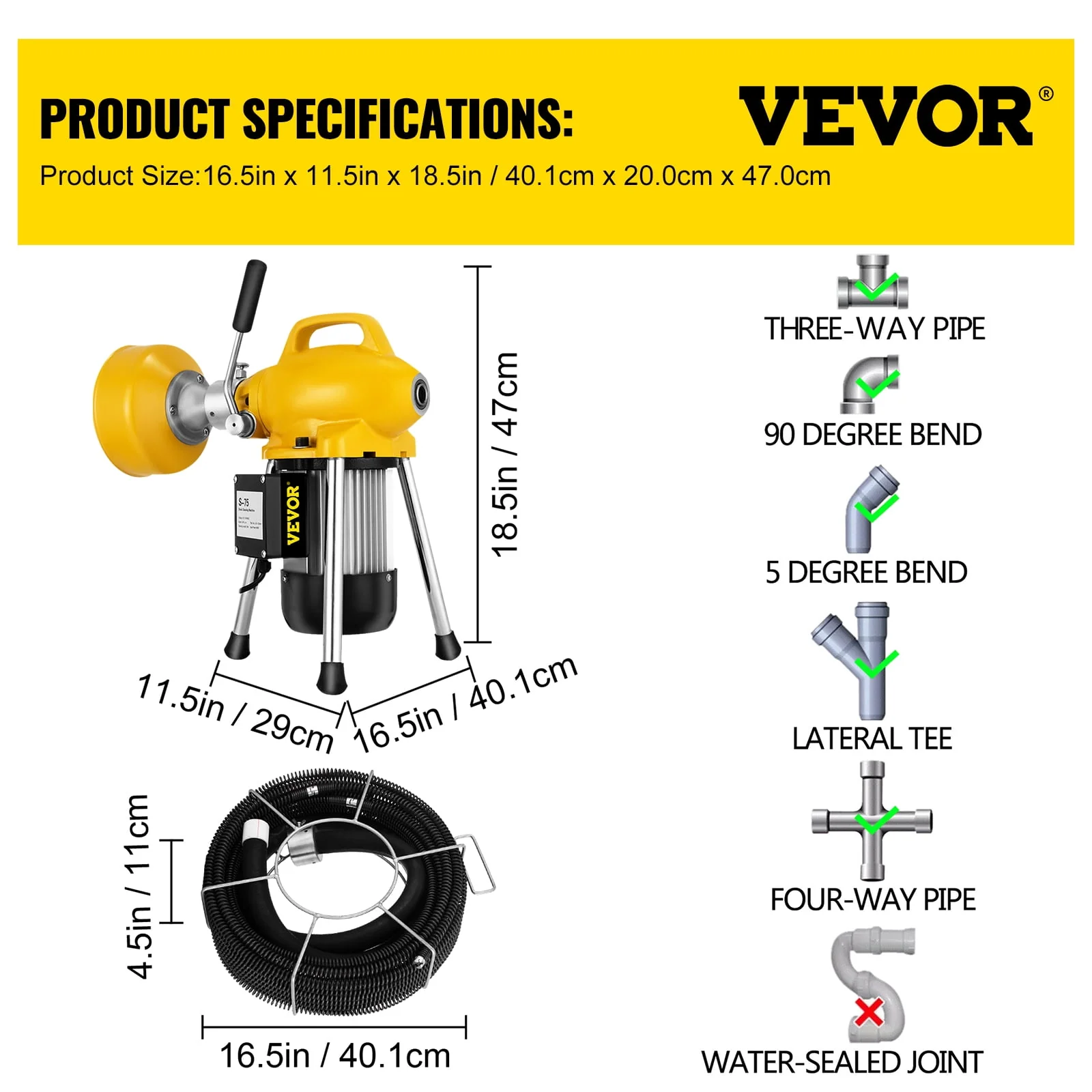 VEVOR Drain Cleaning Machine 66 ft x 2/3 inch