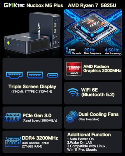 GMKtec M5 Plus Gaming Mini PC Ryzen 7 5825U (Upgraded 7430U/ 5700U), 32GB RAM 1TB SSD Dual NIC LAN 2.5GbE Desktop Computers Office Home