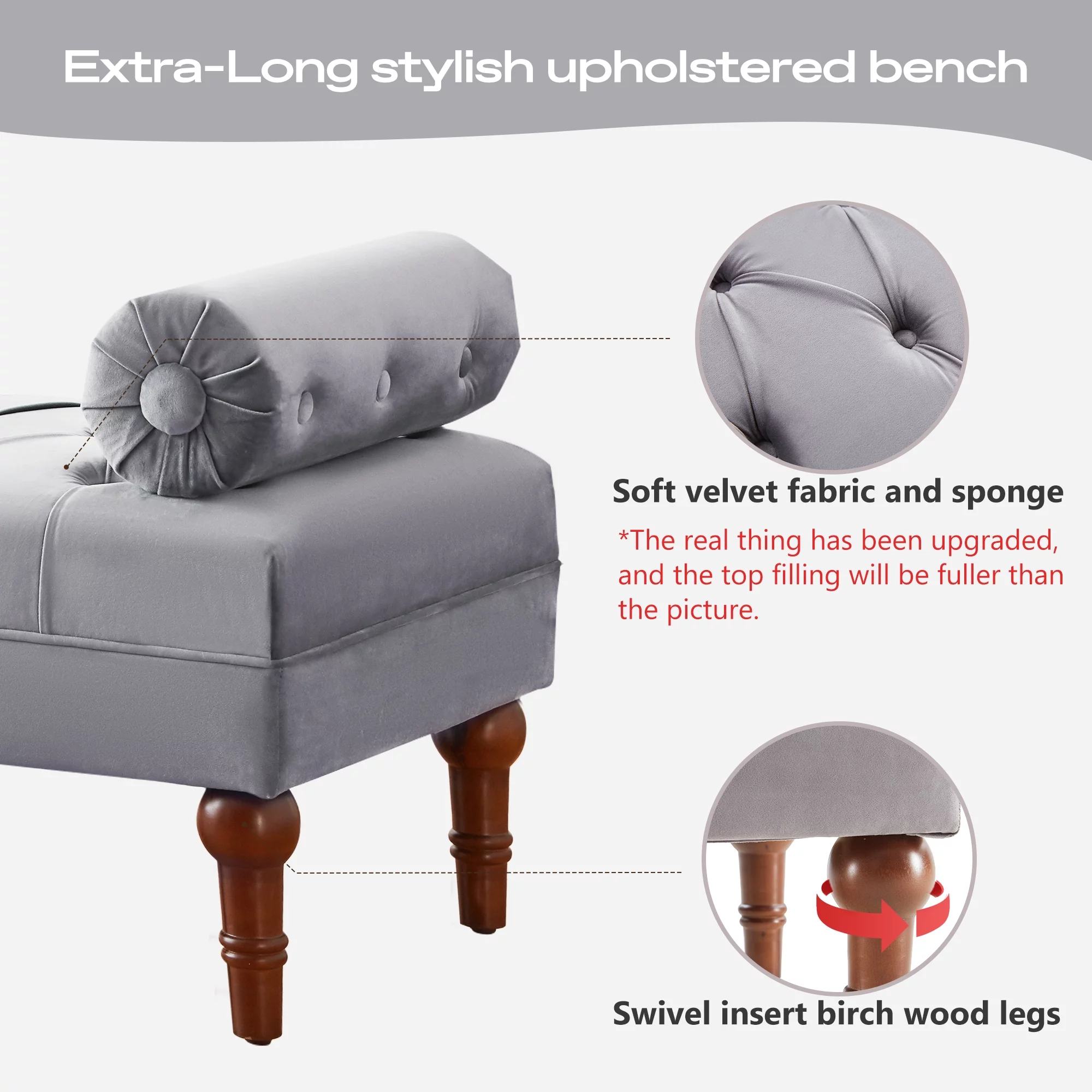 HUIMO 60.2 Inch End of Bed Bench with 2 Pillows Rolled Armed Ottoman Bench, Button Tufted Upholstered Bench Footrest Stool for Entryway