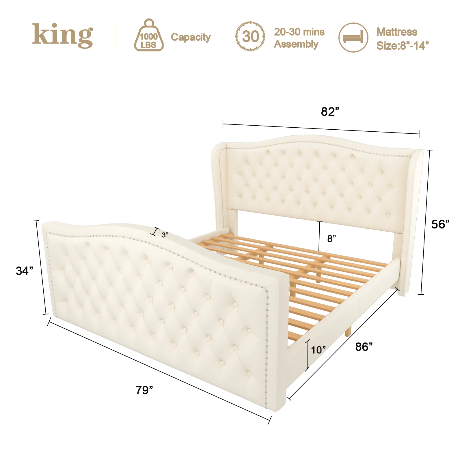 Nathaniel Home Jennifer King Beds, Velvet Upholstered Tufted Bed, Platform Bed Frame with Diamond, Low Profile Platform Beds Strong Wooden Slats White