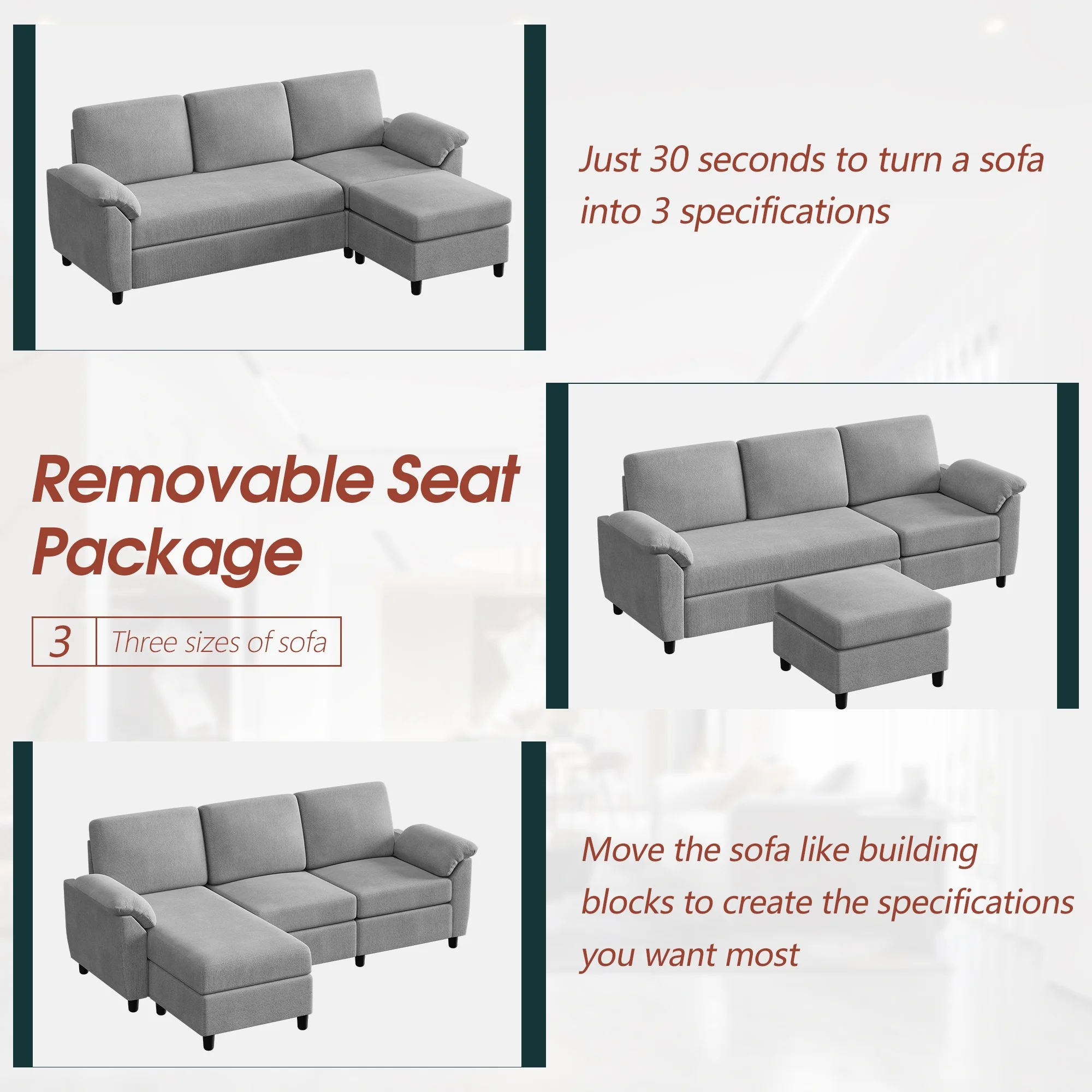 Walsunny 79 Convertible Sectional Sofa Couch,Linen Fabric L Shaped Sofa with Removable Pillows Dark Gray
