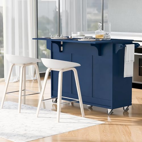 55.7'' Large Kitchen Island with 2 Drop Leaf, Rolling Kitchen Cart on 5 Wheels with Power Outlet