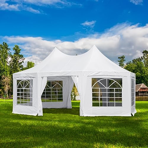EROMMY 26x19ft Party Tent, White Wedding Tent, Decagonal Heavy Duty Canopy with 8 Removable Sidewalls, 8 Church Windows and 2 Pull-Back Doors