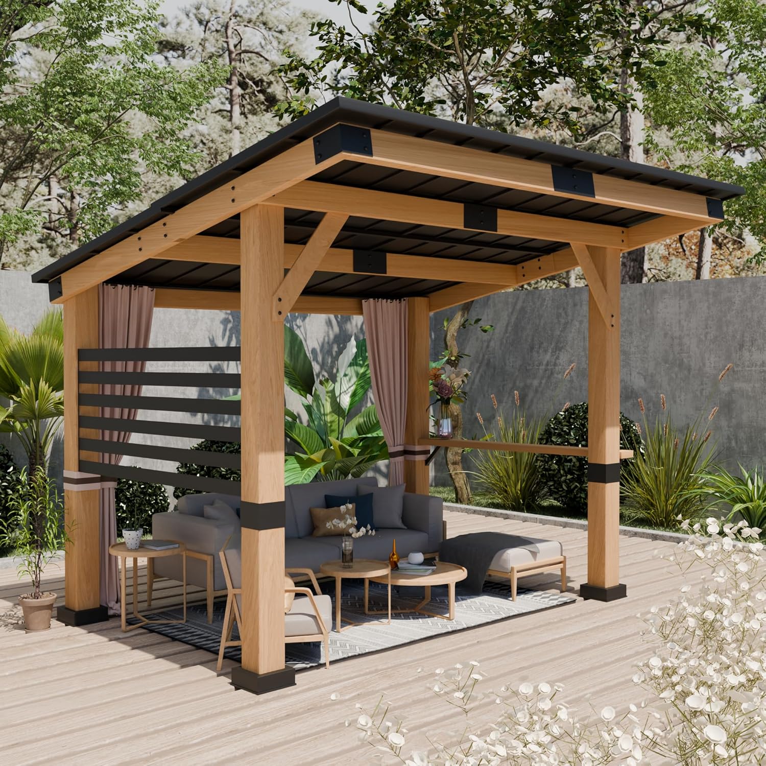 Wood Gazebo 10' x 12', Hardtop Cedar Gazebo with Metal Roof, Outdoor Wooden Gazebo with Curtains, Permanent Pavilion Grill Gazebo for Backyard, Deck