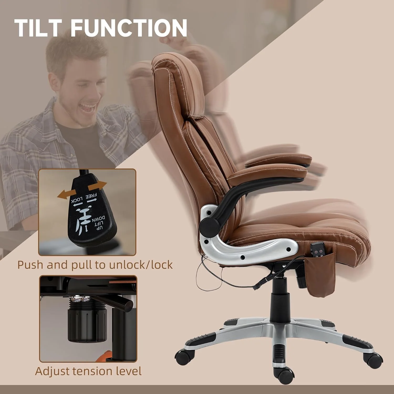 Executive Massage Office Chair With 6 Vibration Points, Heated Faux Leather Computer Desk Chair With -Up Armrest, Adjustable Height, Swivel Wheel