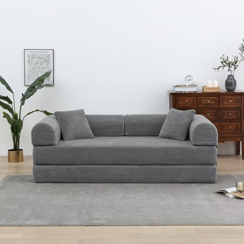 Convertible Sleeper Sofa Bed with Cylindrical Pillow, Corduroy Folding Mattress Couch with Fixed-Shape Frame