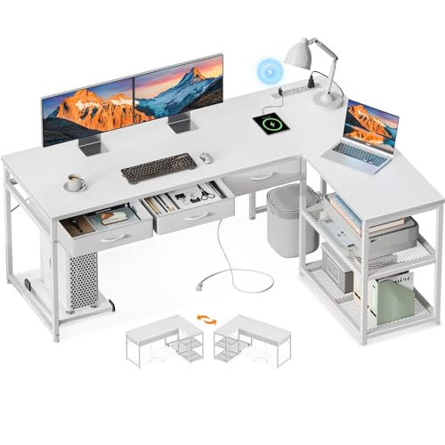 AODK 53 Inch L Shaped Computer Desk with Drawers, Corner Desk with Power Outlets & Reversible Storage Shelves