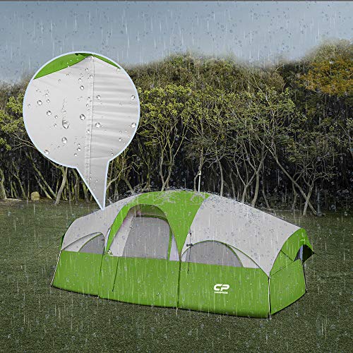 CAMPROS CP Tent 8 Person Camping Tents, Weather Resistant Family Tent, 5 Large Mesh Windows, Double Layer, Divided Curtain for Separated Room
