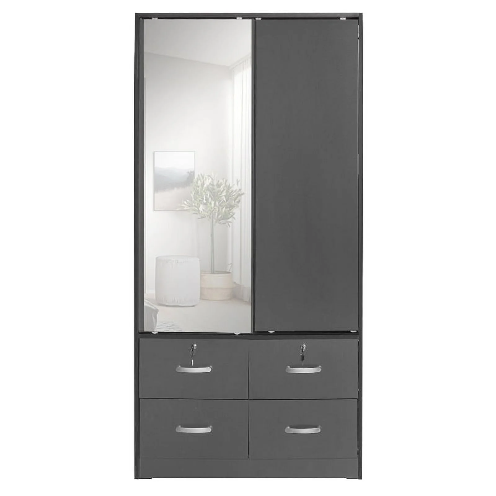 Pemberly Row Double Sliding Door Armoire with Mirror in Dark Gray