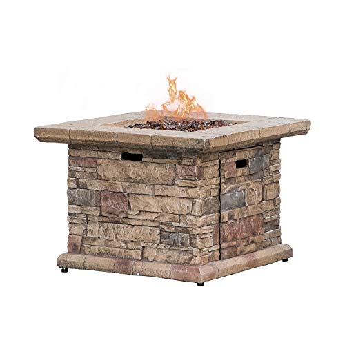 COSIEST Outdoor Propane Concrete Fire Pit Table w Imitation Stone Surface 32-inch Round Fire Table, CSA Certified, 40,000 BTU Stainless Steel Burner