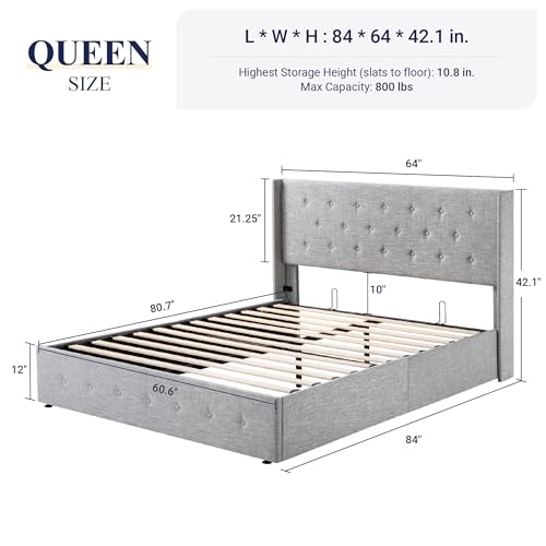 Allewie Full Size Lift Up Storage Bed, Modern Wingback Headboard, Hydraulic Support, No Box Spring Needed, Light Beige