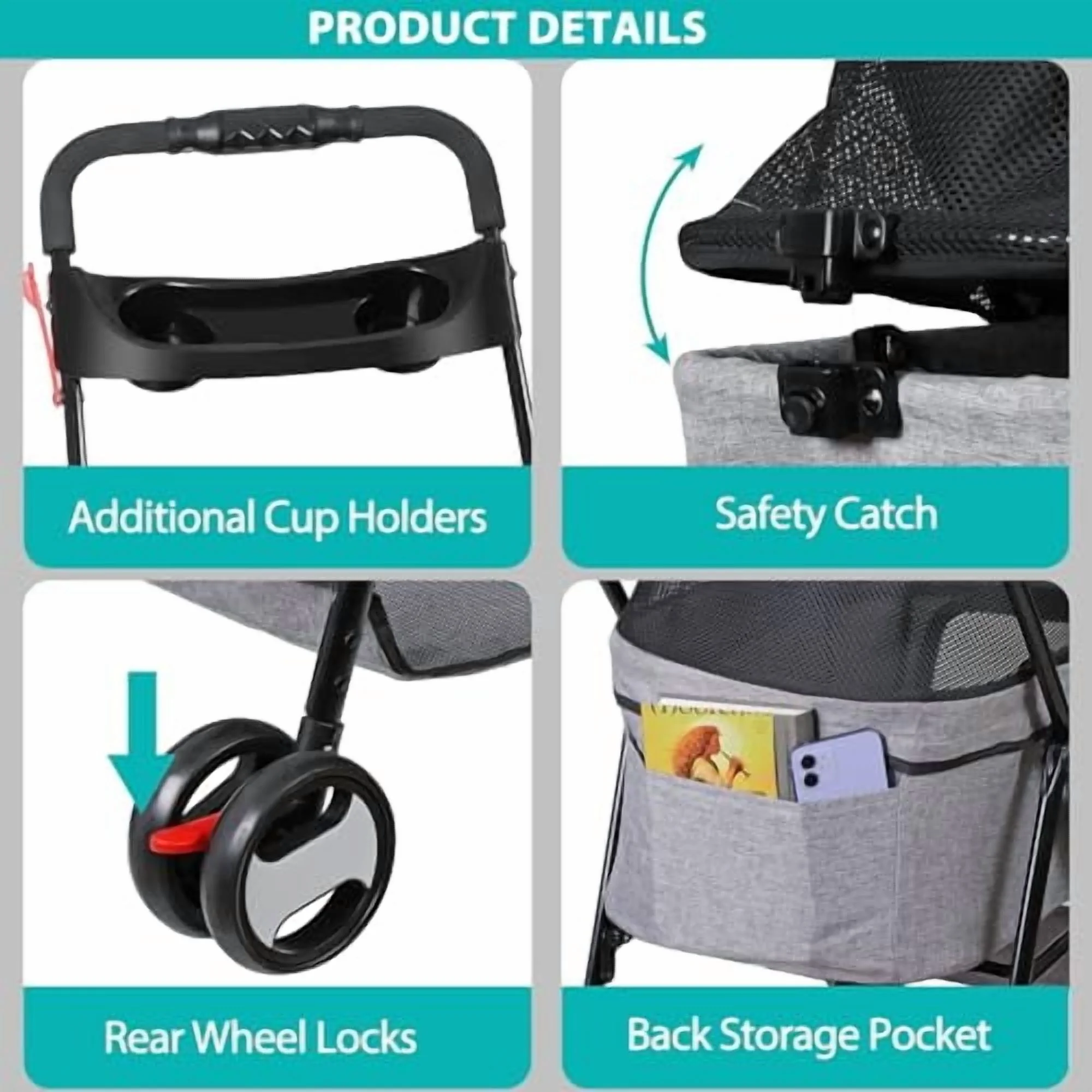 4 Wheels Foldable Pet Dog Cat Jogger Stroller Travel Carrier Strolling Cart w/Waterproof Cover Storage Basket Cup Holder &amp