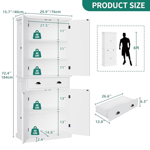 YITAHOME 72'' Tall Kitchen Pantry Cabinets, Farmhouse Storage Cabinets with Barn Doors, Drawer ＆ Adjustable Shelves