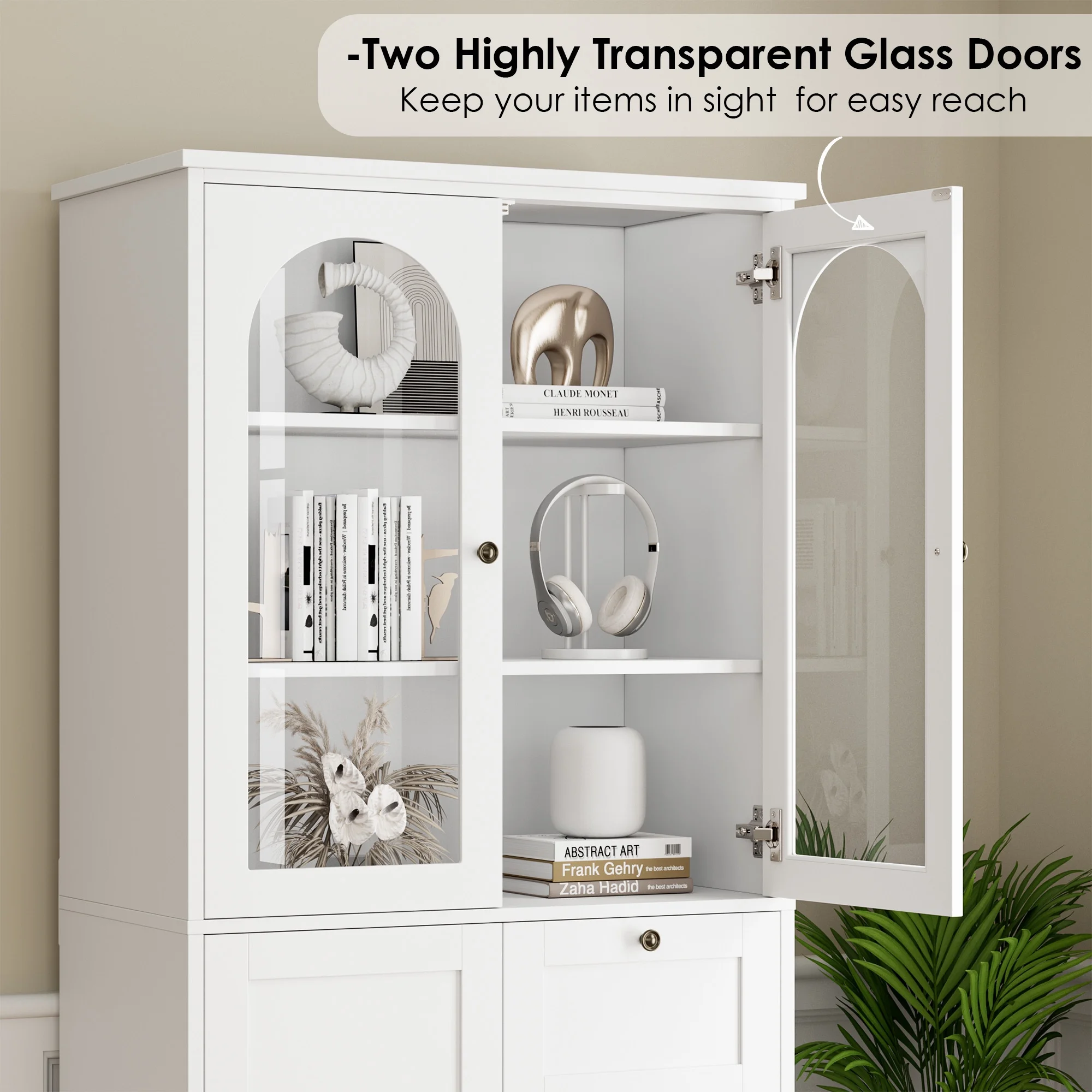Homfa 70.9''Kitchen Pantry Cabinet with 2 Glass Doors and 4 Drawers, Modern Food Storage Cabinet with Adjustable Shelves for Dining Room, White