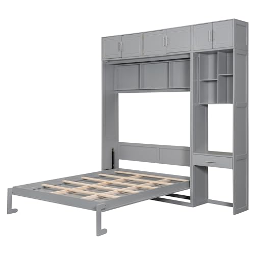 Queen Size Wall Murphy Bed with Desk, Top Cabinet and Storage Shelves, Wood Queen Murphy Hidden Wall Bed for Home Office or Small Room