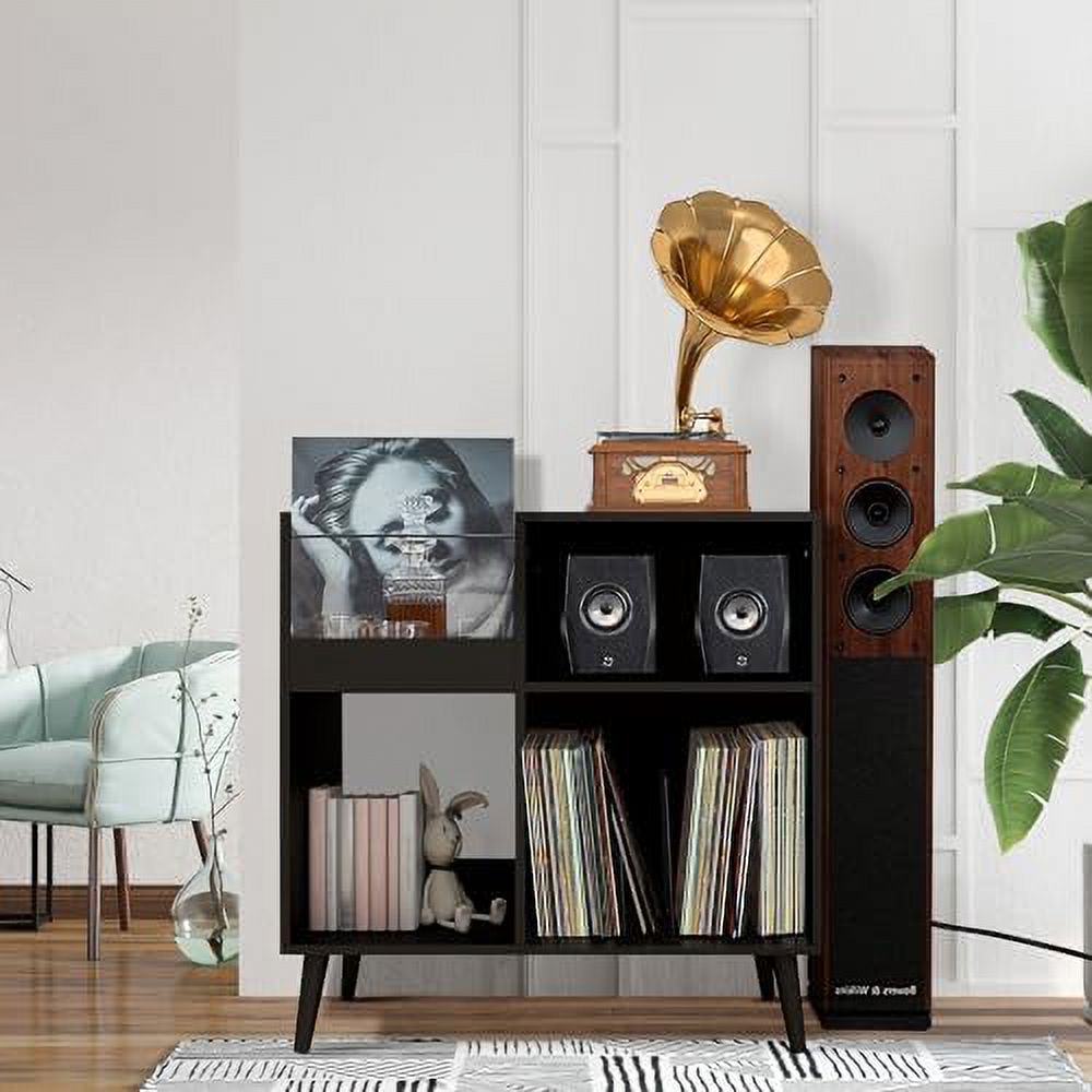 CDHJKKB Mid-Century Vinyl  Cabinet  with Solid Wood Legs  Turntable Stand with Power Outlet Holds up to 200 Albums  Record Player Holder Display