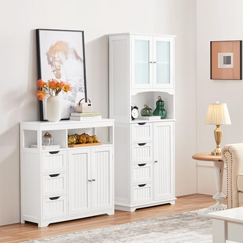 Yaheetech Bathroom Floor Cabinet, Wooden Storage Organizer with 3 Drawers and 2 Open Shelves