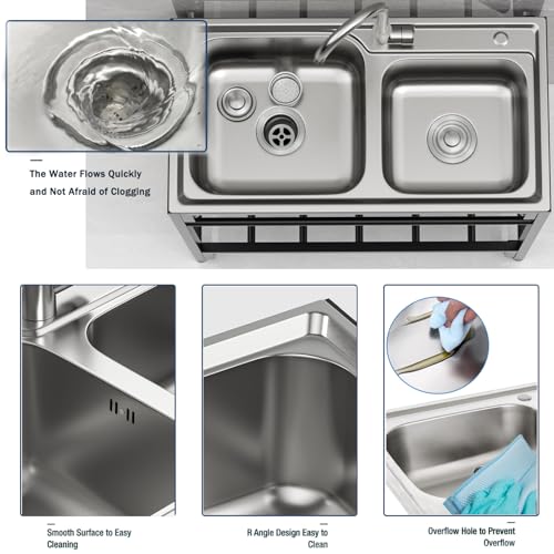 Outdoor Utility Sink Stainless Steel Double Bowl Sink Free Standing Commercial Restaurant Kitchen Sink with Hot and Cold Faucet for Laundry,Garage