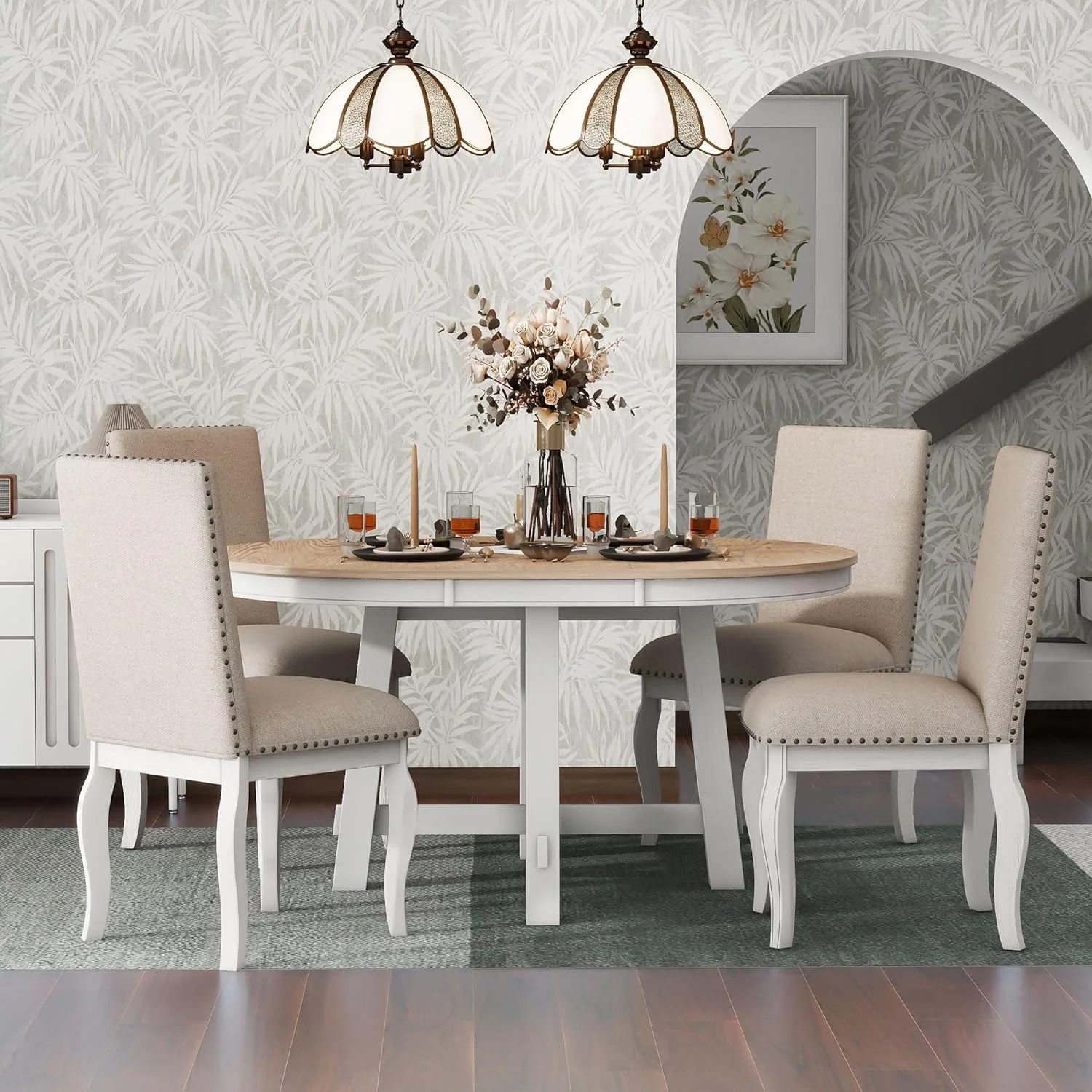 5-Piece Farmhouse Extendable Round Dining Table and Upholstered Chair Set, Round Dining Table with Shelf, Wood Dining Table Set for Family Dining Area
