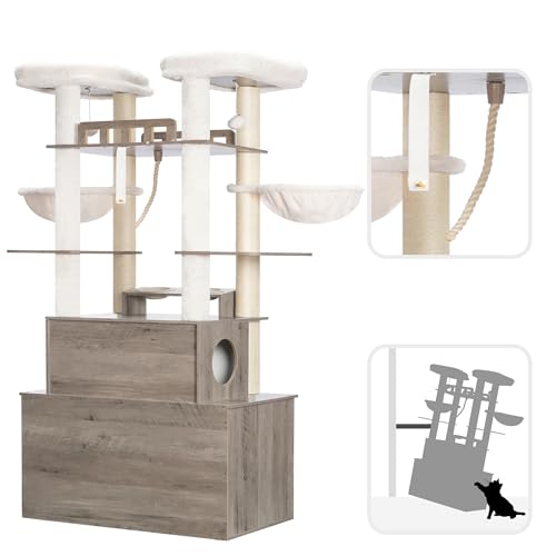 Heybly Cat Tree for Maine Coon with Litter Box Enclosure, 72-inch Wooden Cat Tower for Indoor Cats Large Adult, Big Condo with Food Station, Baskets