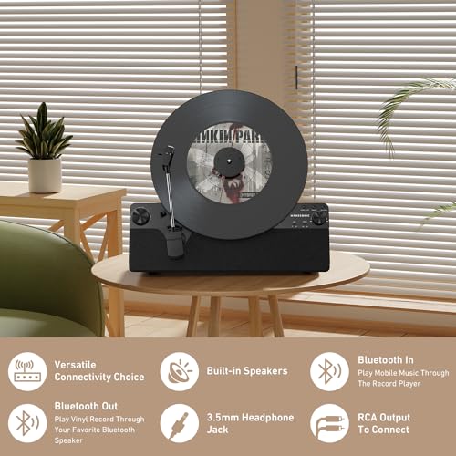 Vertical Automatic Record Player Bluetooth, MYKESONIC Belt Drive Vinyl Turntable, Magnetic AT-3600L Cartridge, Bluetooth in & Out