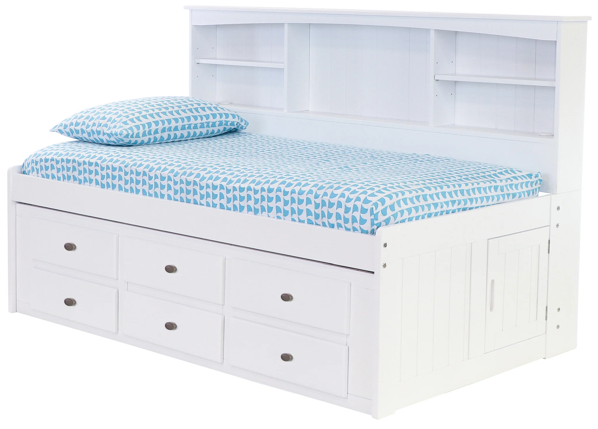 Discovery World Furniture - Twin Size Bed Frame with Side Headboard Bookcase Captain Day Bed with 6 Drawers, Twin Size Bed with Storage, White