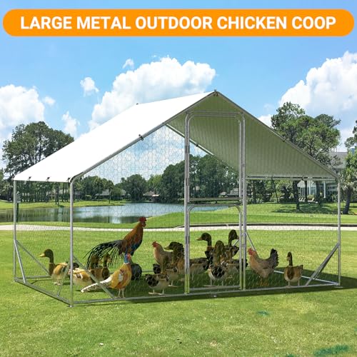 Large Metal Chicken Coop for 12-20 Chickens, Walk in Chicken Coop with Cover, Heavy Duty Poultry Cage for Chicken Run