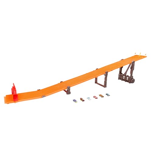 Hot Wheels Toy Car Playset with Lights, Sounds & 6 1:64 Scale Vehicles, Super 6-Lane Raceway, 8-foot Track that Rolls Up for Storage