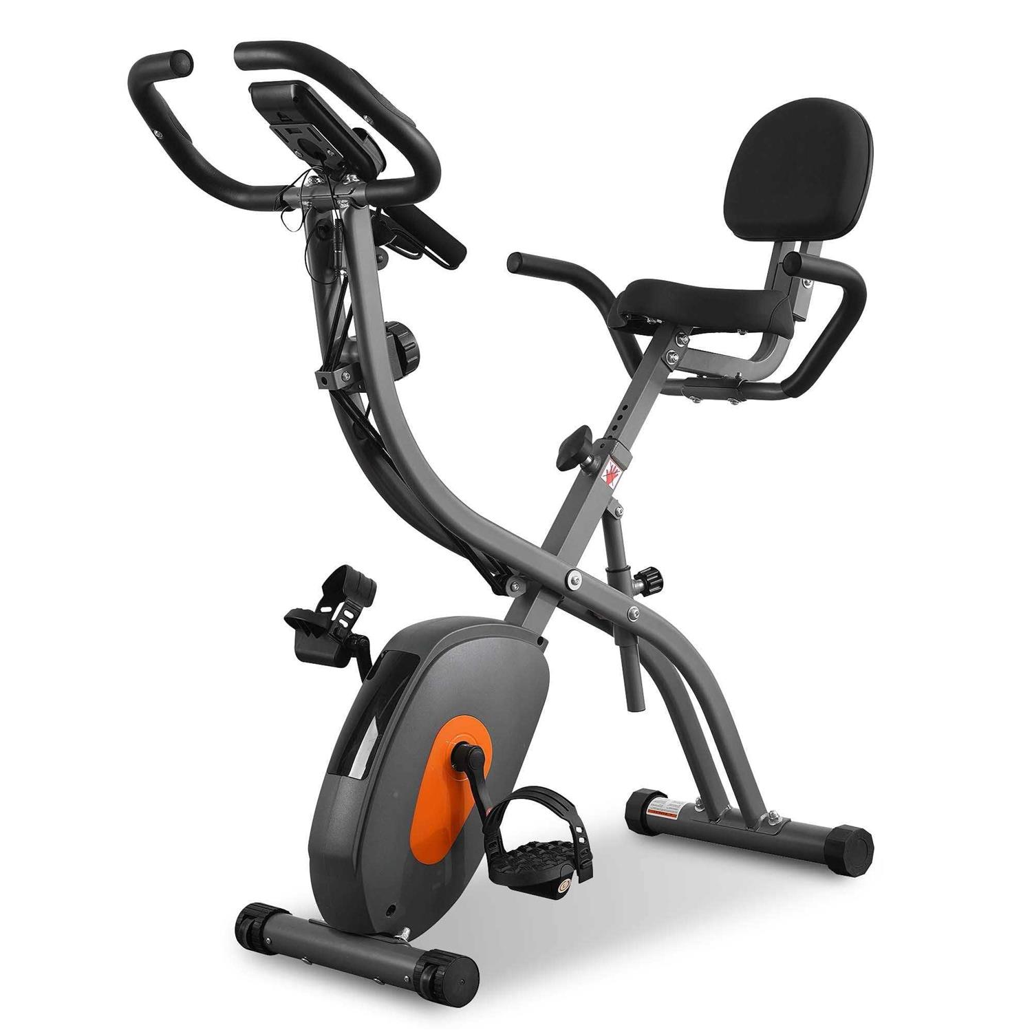 Folding Exercise Bike Stationary Recumbent 3-in-1 Exercise Bike Portable Magnetic with Adjustable Arm Resistance Bands and LCD Monitor and Pulse Grip