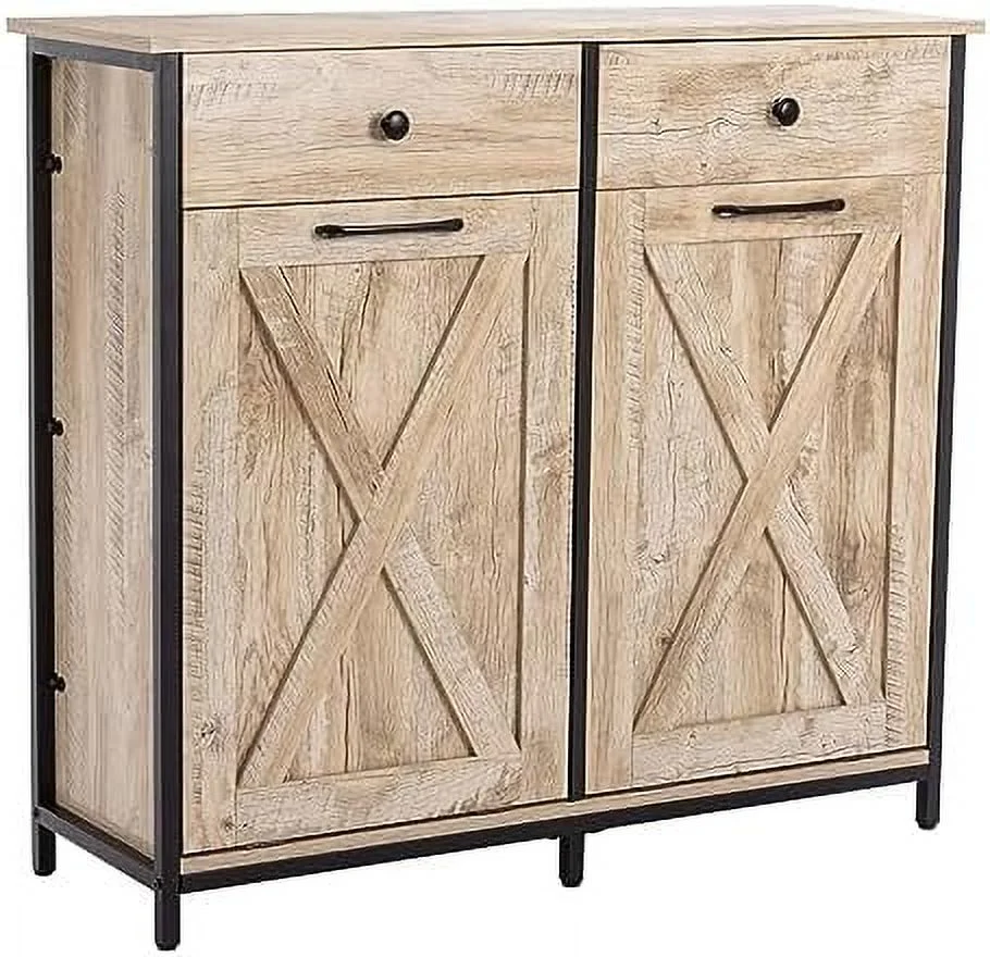 TJUNBOLIFE Double Barn Door Style Trash Cabinet  Double Tilt Out Trash Cabinet with Solid Hideaway Drawer Rustic Kitchen Trash Cabinet Free Standing