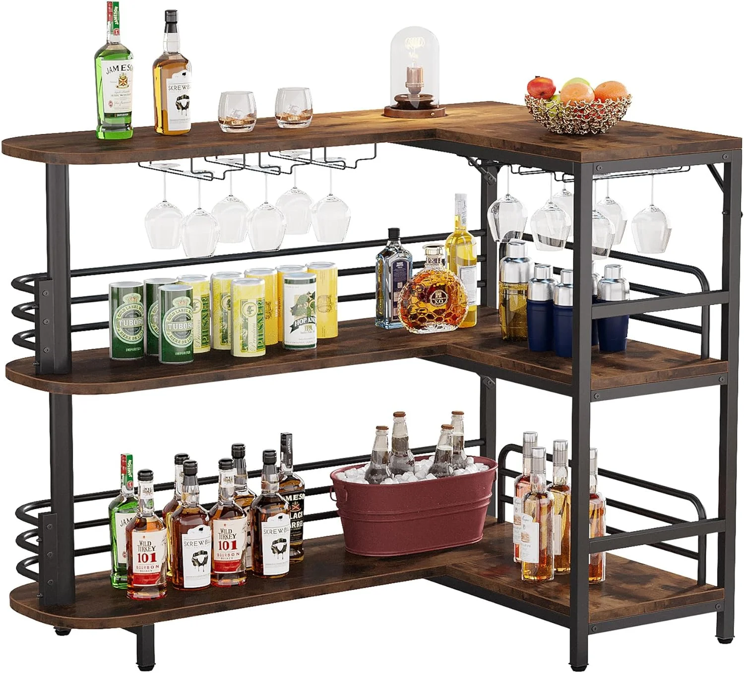 U-SHARE L-Shaped Home Bar Unit, 3 Tier Liquor Bar Table with Storage Shelves and Wine Glasses Holder