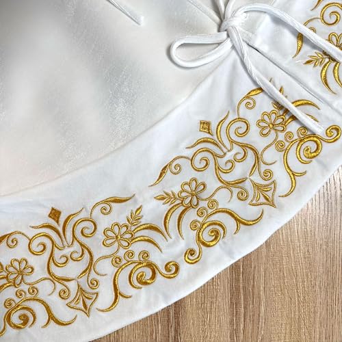 72-Inch Victorian Velvet Christmas Tree Skirt with Gold Damask Embroidery and Plush Lace Ties, Burgundy