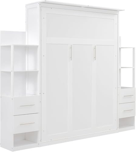 MERITLINE Queen Murphy Bed with Storage Drawers,LED Lights and Shelves,Wood Murphy Wall Bed Cabinet for Adults (Grey)