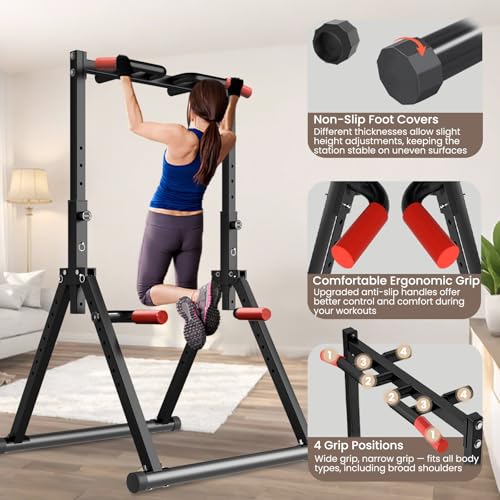 Power Tower Pull Up Dip Station Foldable, Pull Up Bar Station Adjustable, Multi-Function Home Gym, Strength Training Fitness Equipment