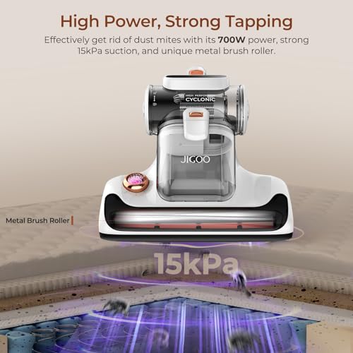 T600 Bed Vacuum Cleaner with UV-C Light, 15Kpa Suction 700W Powerful Double Cup Handheld Vacuums, Mattress Vacuum Cleaner with Smart Dust Sensor